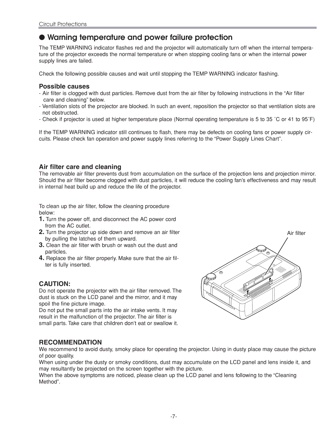 Sanyo PLC-XU45 service manual Possible causes, Recommendation 