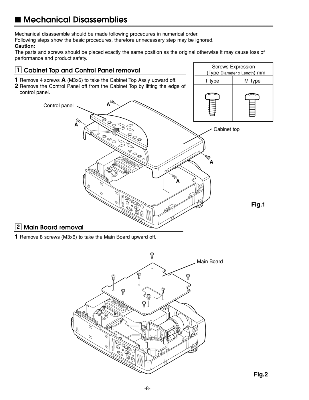 Sanyo PLC-XU45 service manual Mechanical Disassemblies, Cabinet Top and Control Panel removal, Main Board removal 