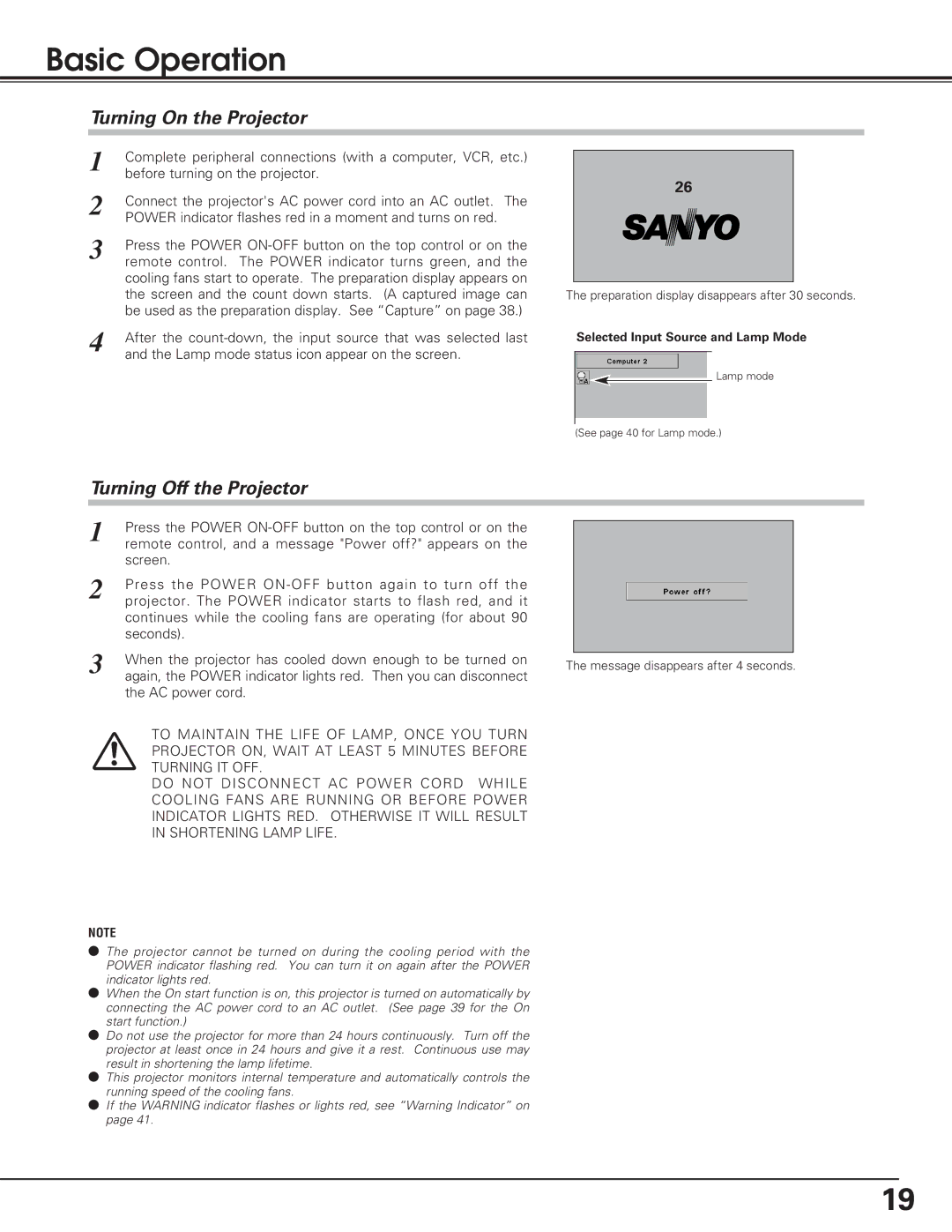 Sanyo PLC-XU55, PLC-XU50, PLC-SU50 owner manual Basic Operation, Turning On the Projector, Turning Off the Projector 