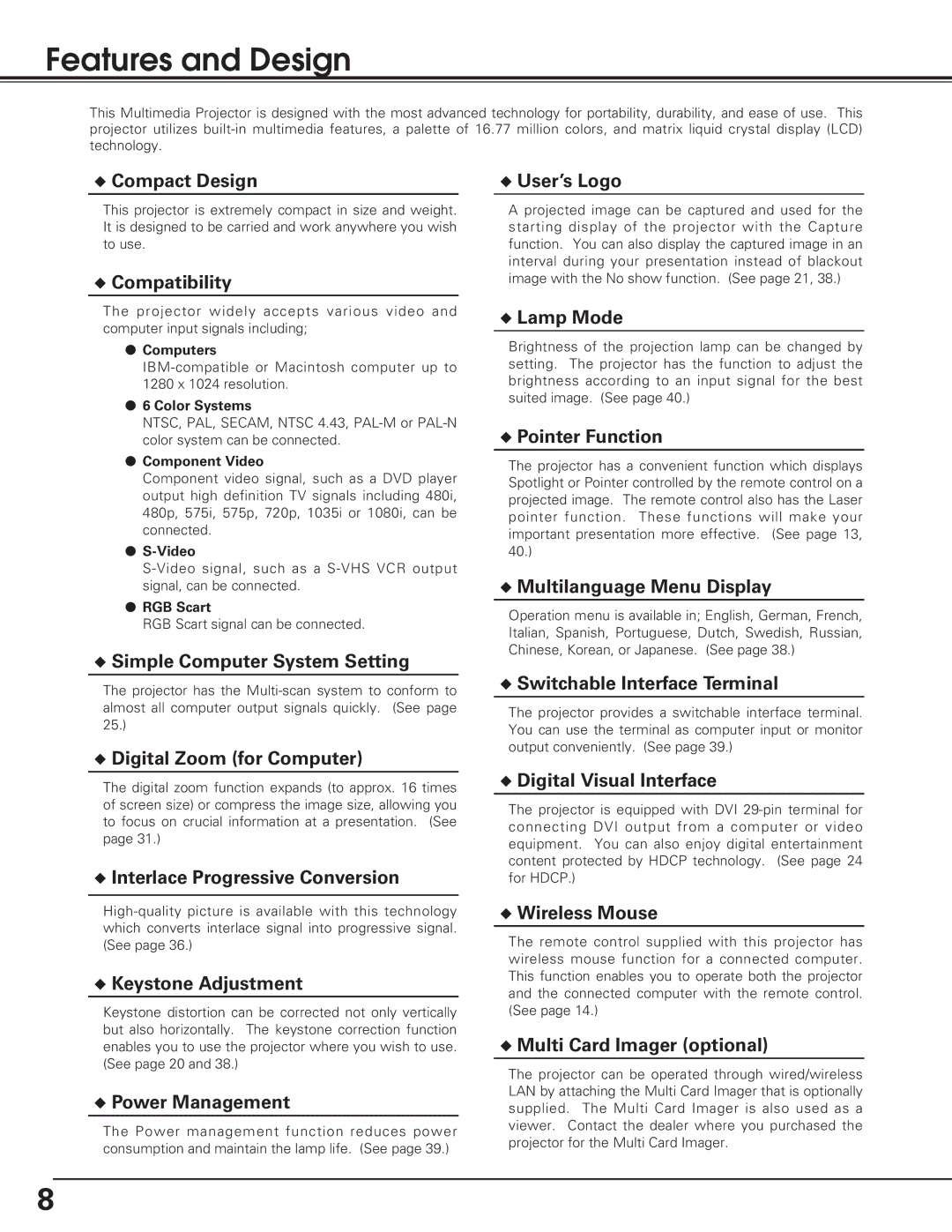 Sanyo PLC-SU50, PLC-XU50, PLC-XU55 owner manual Features and Design 