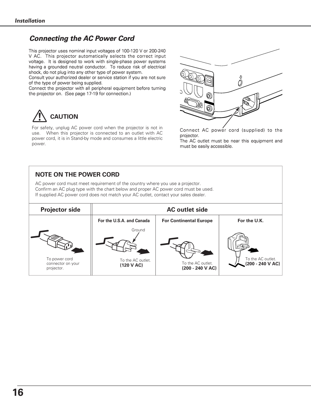 Sanyo PLC-XU51 Connecting the AC Power Cord, Installation, Note On The Power Cord, Projector side, AC outlet side, V Ac 