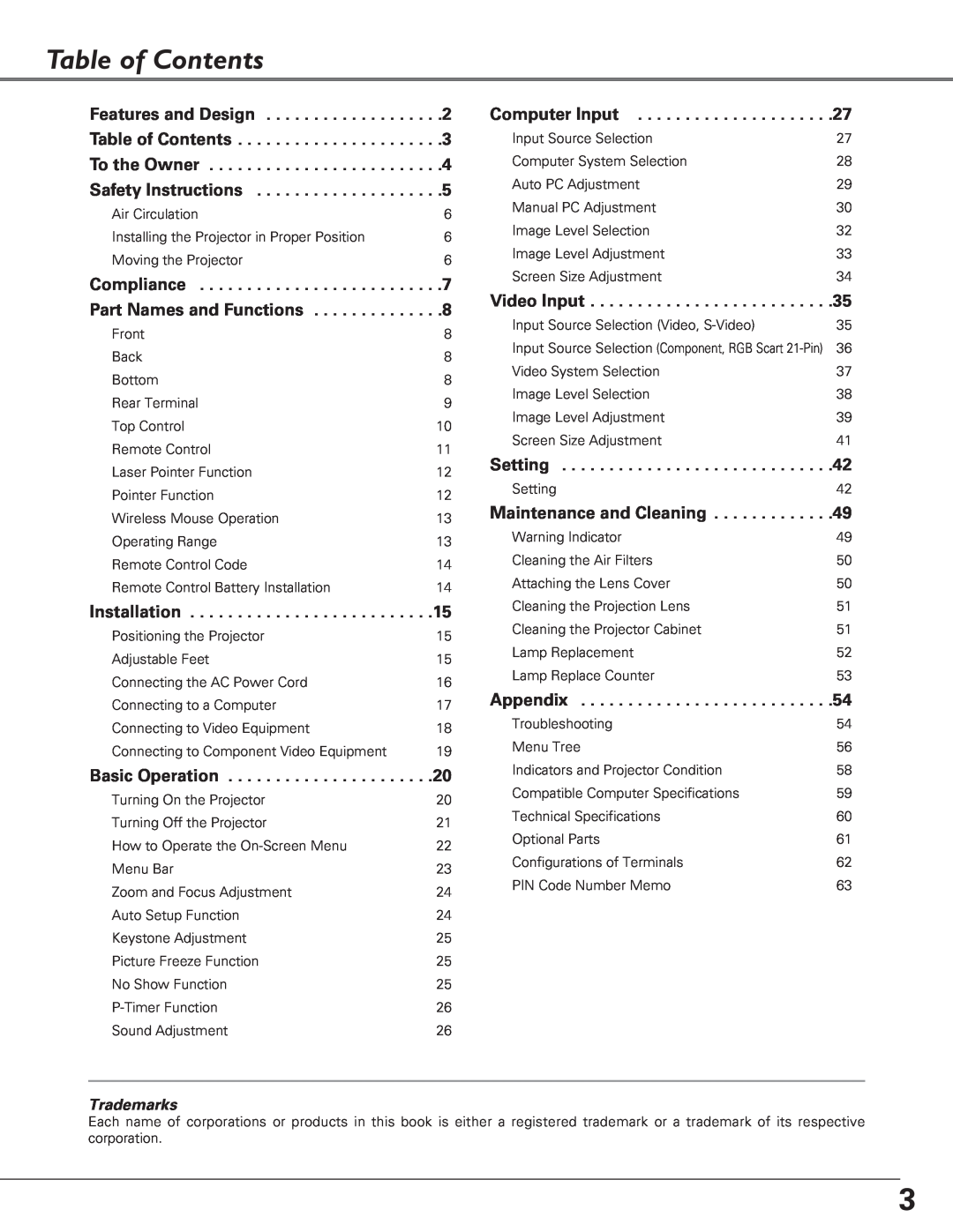 Sanyo PLC-XU58, PLC-XU51, PLC-SU51 owner manual Table of Contents 
