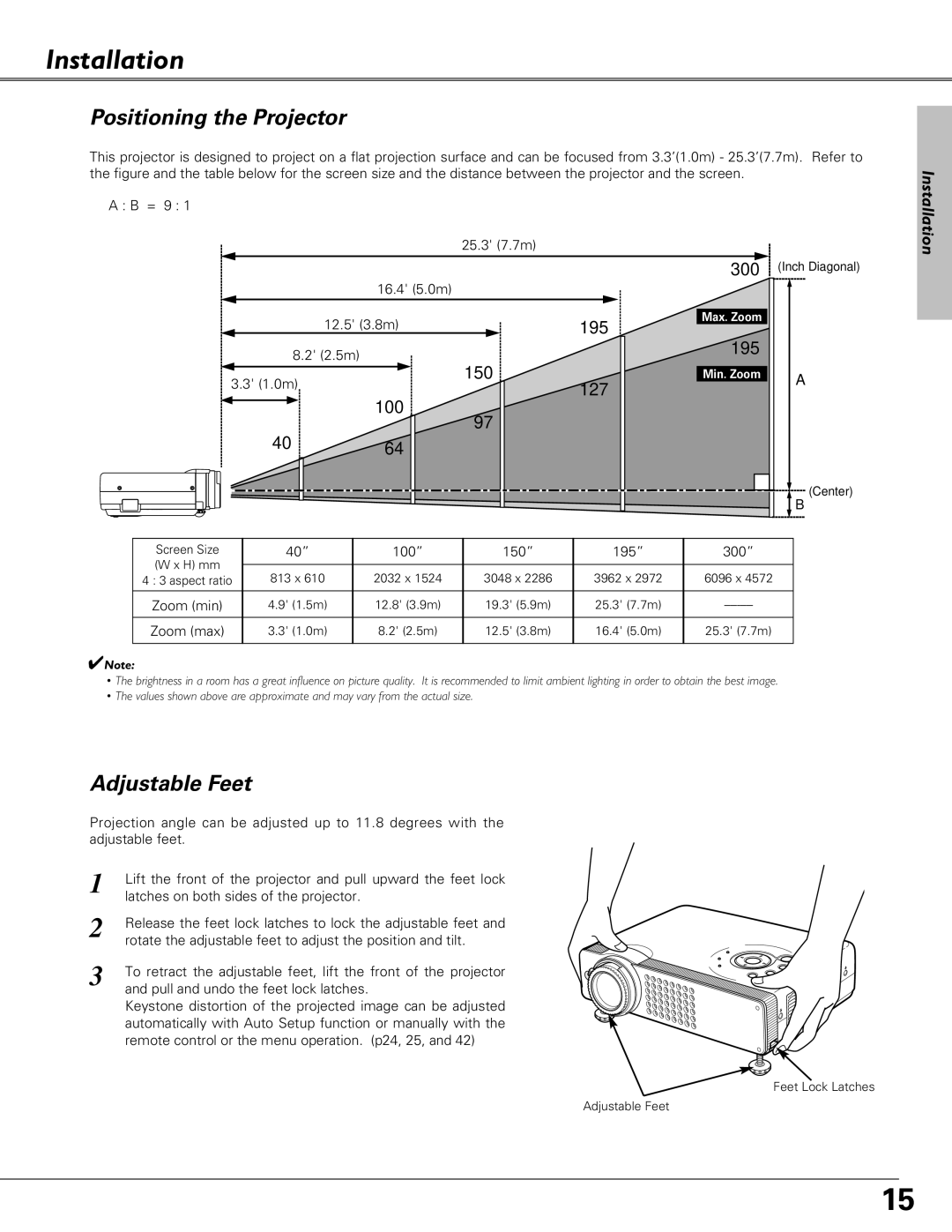 Sanyo PLC-XU58, PLC-XU51, PLC-SU51 owner manual Installation, Positioning the Projector, Adjustable Feet 