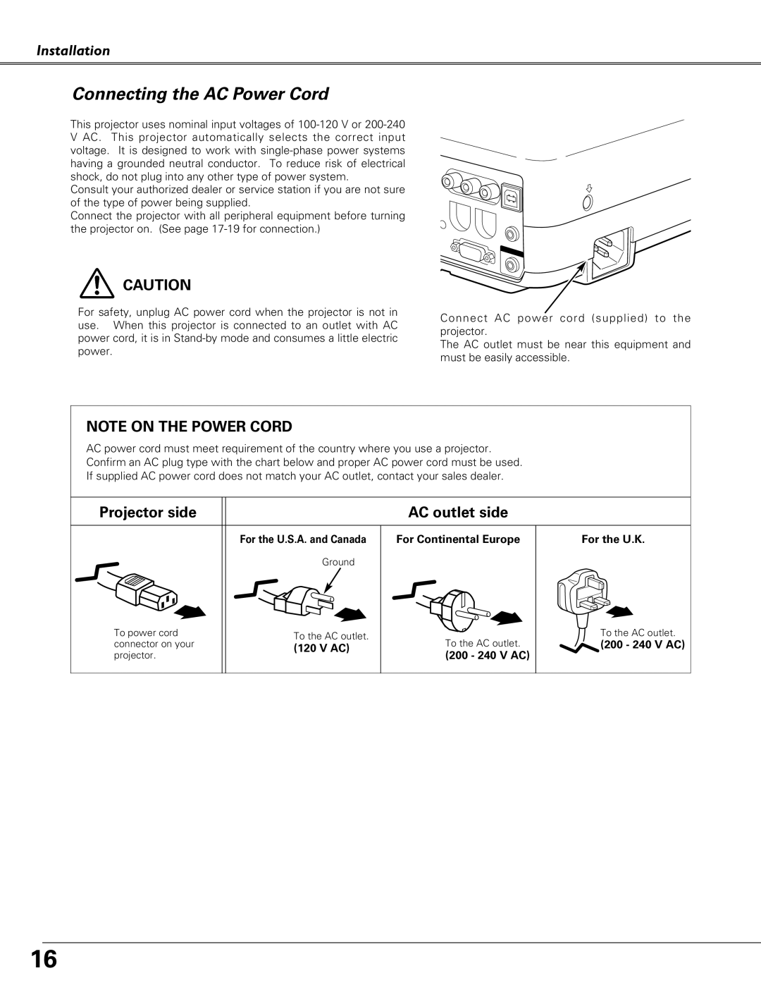 Sanyo PLC-XU51, PLC-XU58, PLC-SU51 owner manual Connecting the AC Power Cord, 200 240 V AC 