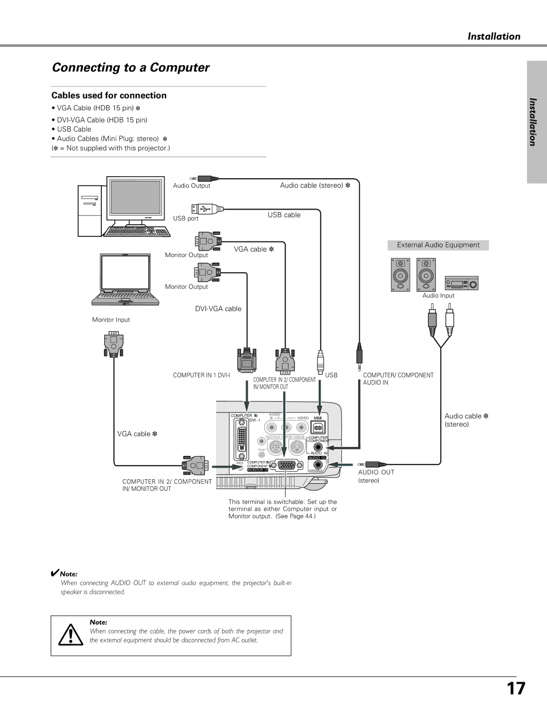 Sanyo PLC-SU51, PLC-XU58, PLC-XU51 owner manual Connecting to a Computer, Installation 