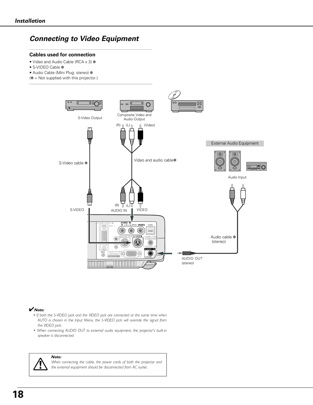 Sanyo PLC-XU58, PLC-XU51 Connecting to Video Equipment, External Audio Equipment Video cable Video and audio cable 