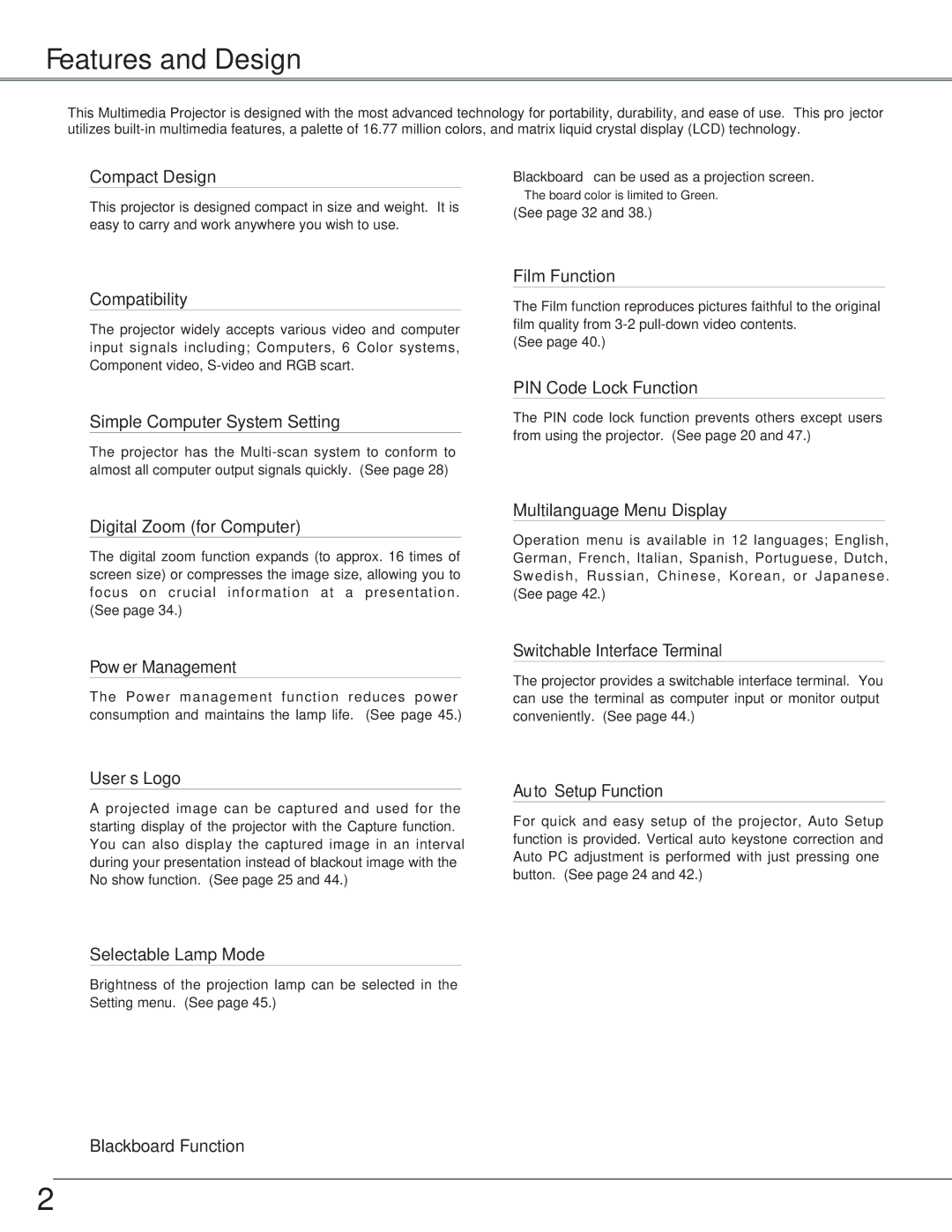 Sanyo PLC-SU51, PLC-XU58, PLC-XU51 owner manual Features and Design 