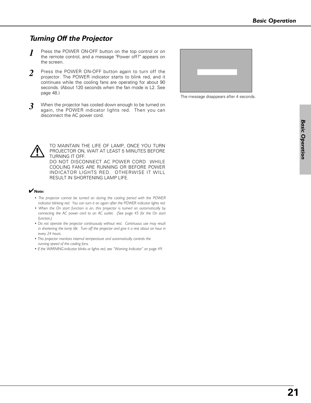 Sanyo PLC-XU58, PLC-XU51, PLC-SU51 owner manual Turning Off the Projector, Basic Operation 