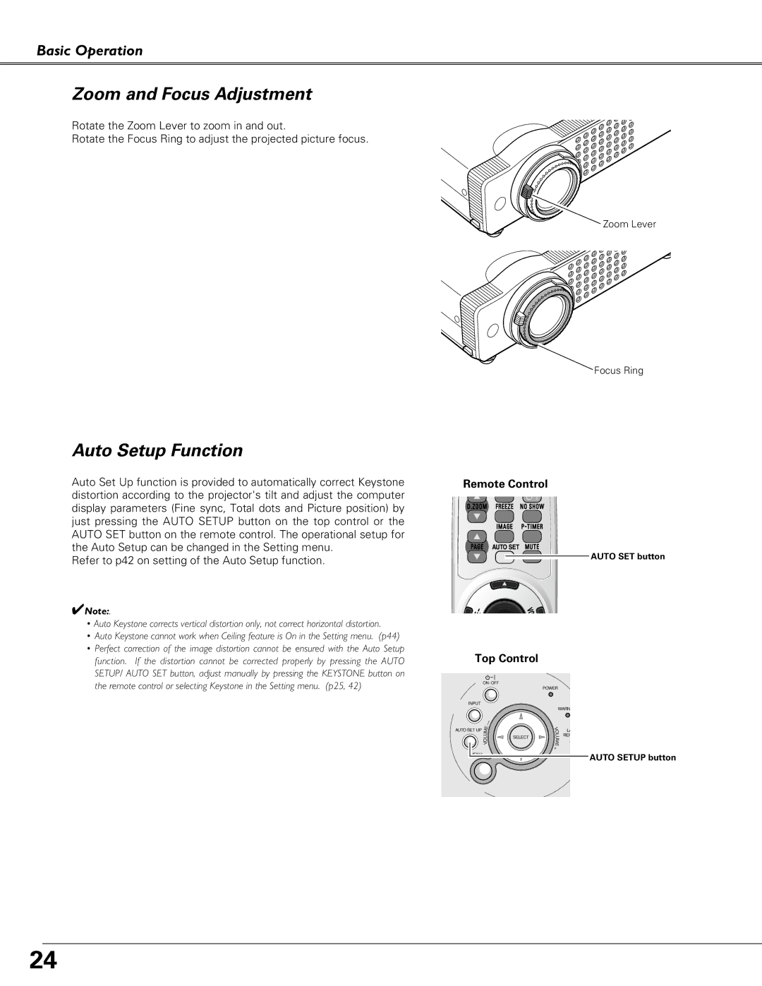 Sanyo PLC-XU58, PLC-XU51, PLC-SU51 owner manual Zoom and Focus Adjustment, Auto Setup Function 