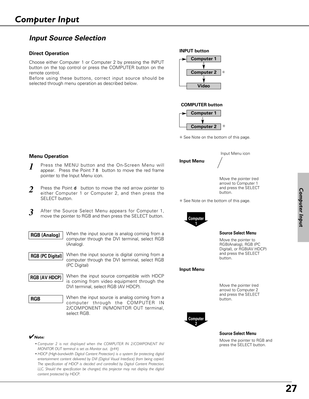 Sanyo PLC-XU58, PLC-XU51, PLC-SU51 owner manual Computer Input, Input Source Selection 