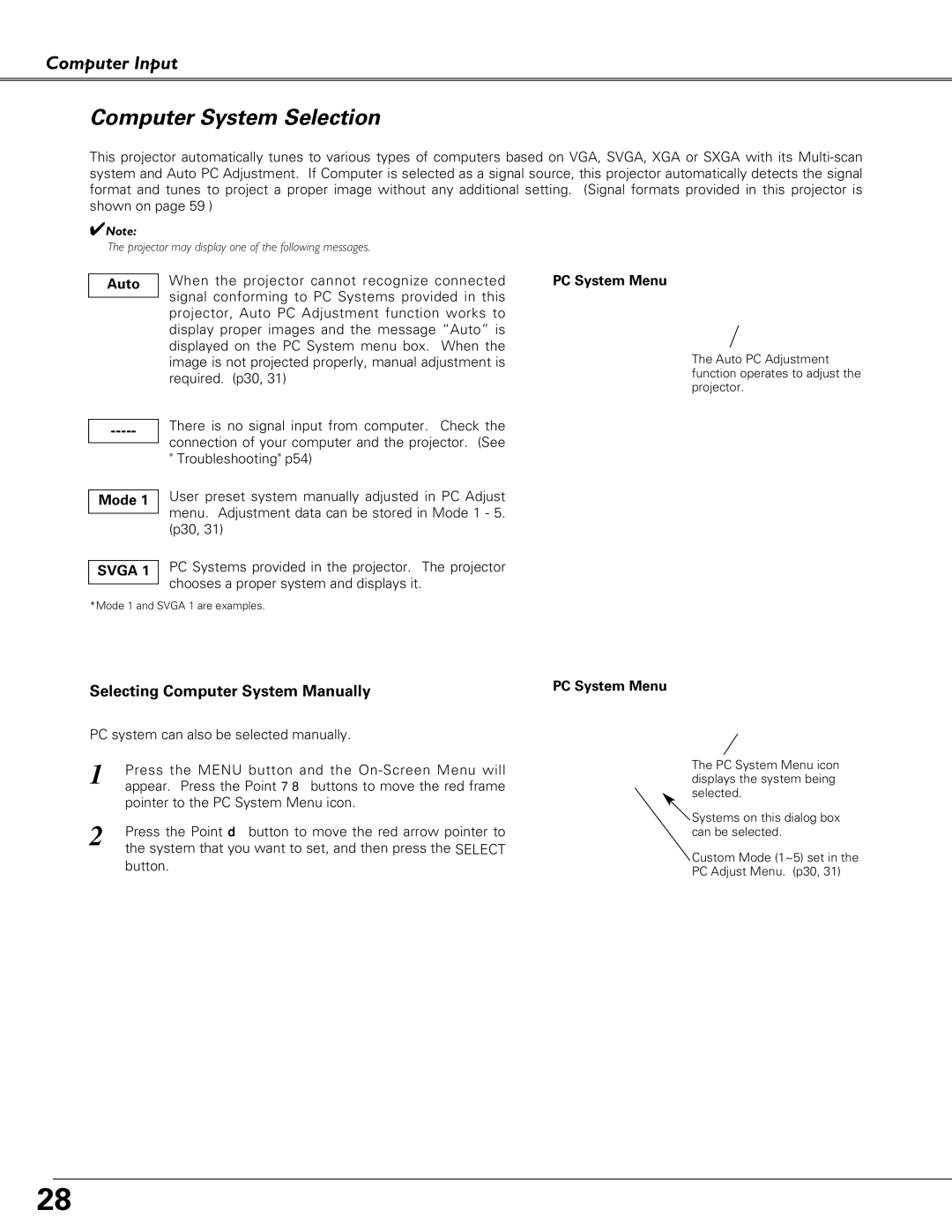 Sanyo PLC-XU51, PLC-XU58, PLC-SU51 owner manual Computer System Selection, Auto, Mode, PC System Menu 