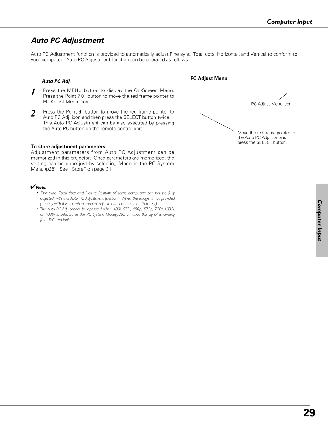 Sanyo PLC-SU51, PLC-XU58, PLC-XU51 owner manual Auto PC Adjustment, PC Adjust Menu, To store adjustment parameters 