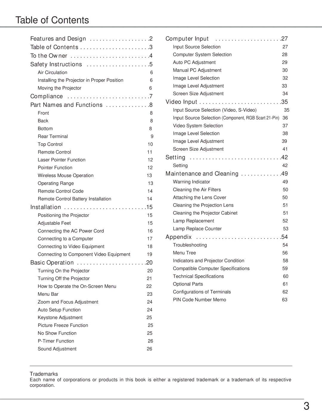 Sanyo PLC-XU58, PLC-XU51, PLC-SU51 owner manual Table of Contents 