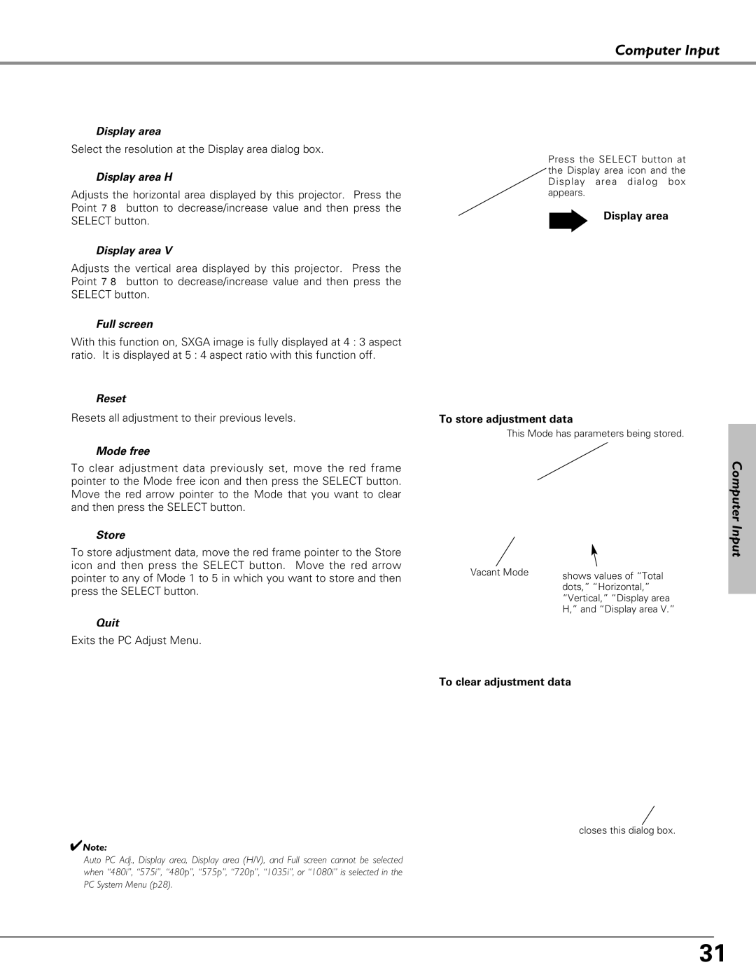 Sanyo PLC-XU51, PLC-XU58, PLC-SU51 owner manual Display area H, Full screen, Reset, Mode free, Store, Quit 