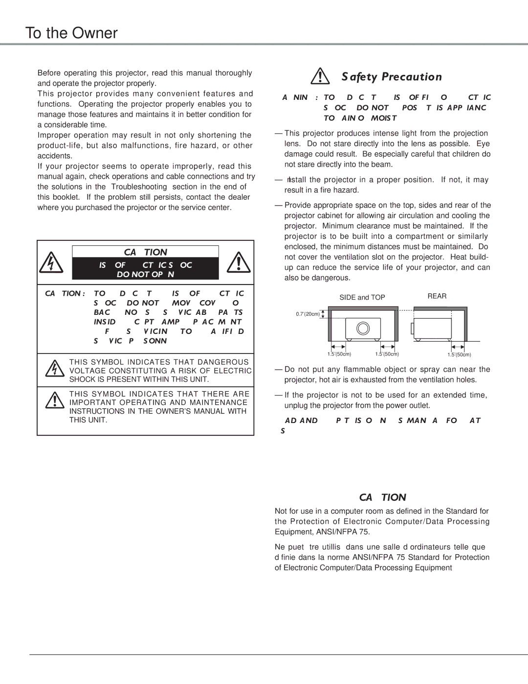 Sanyo PLC-XU51, PLC-XU58, PLC-SU51 owner manual To the Owner, Risk of Electric Shock Do not Open 