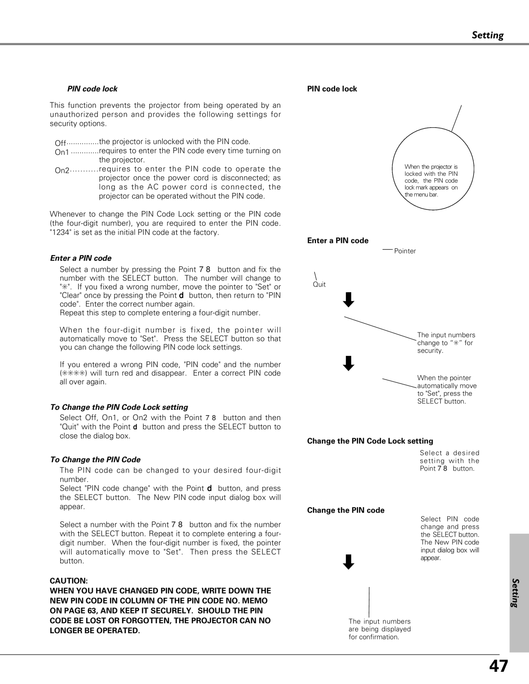 Sanyo PLC-SU51, PLC-XU58, PLC-XU51 owner manual PIN code lock, To Change the PIN Code Lock setting 