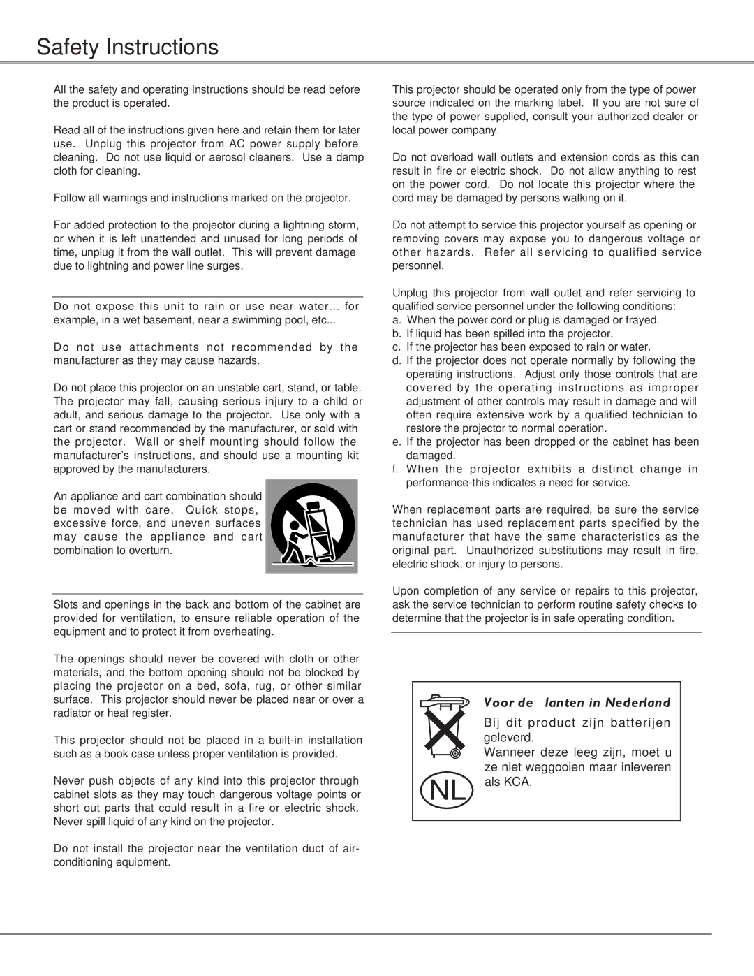 Sanyo PLC-SU51, PLC-XU58, PLC-XU51 owner manual Safety Instructions, Voor de klanten in Nederland 