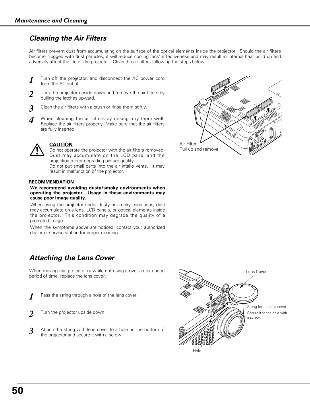 Sanyo PLC-SU51, PLC-XU58, PLC-XU51 owner manual Cleaning the Air Filters, Attaching the Lens Cover 