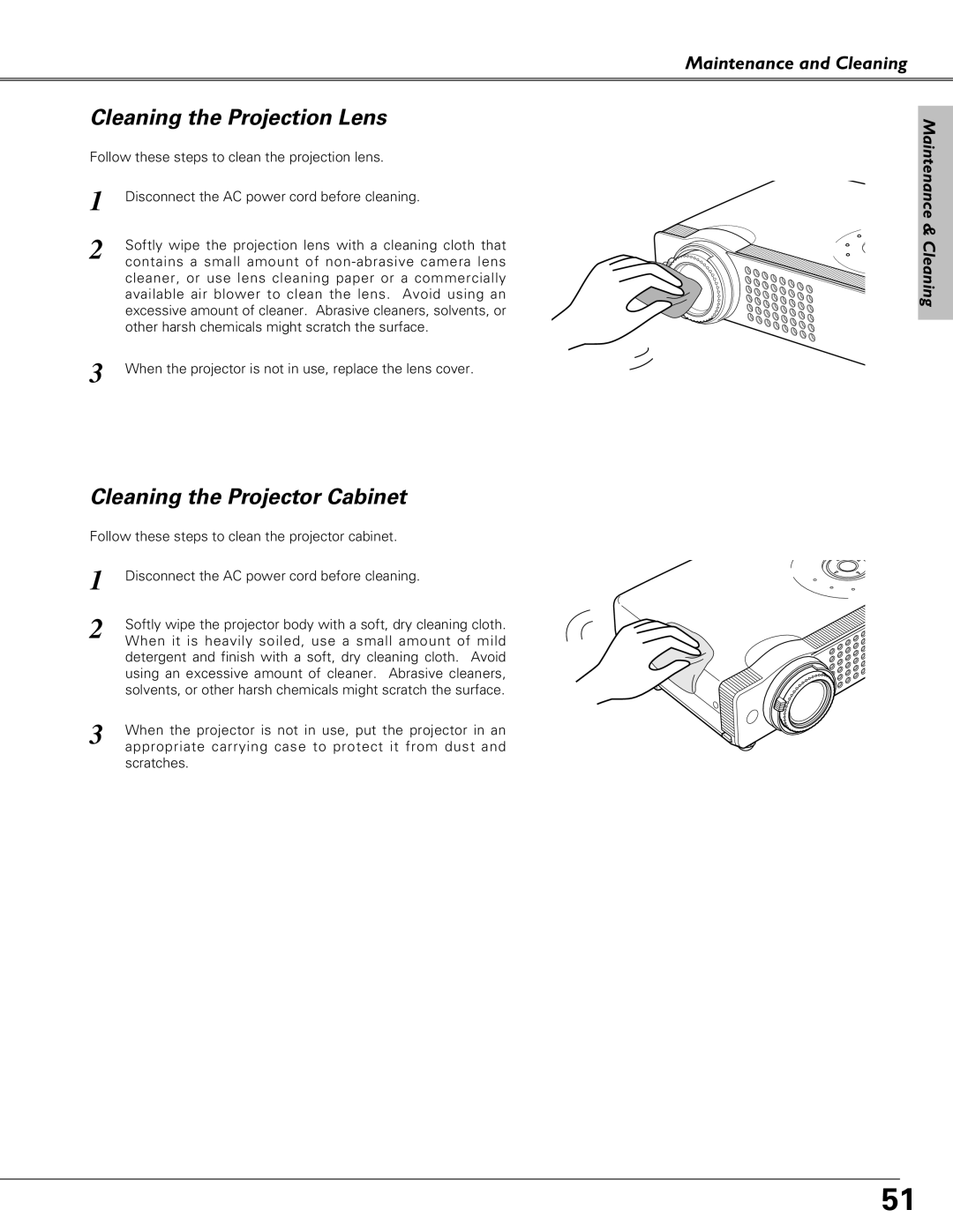 Sanyo PLC-XU58, PLC-XU51, PLC-SU51 Cleaning the Projection Lens, Cleaning the Projector Cabinet, Maintenance & Cleaning 