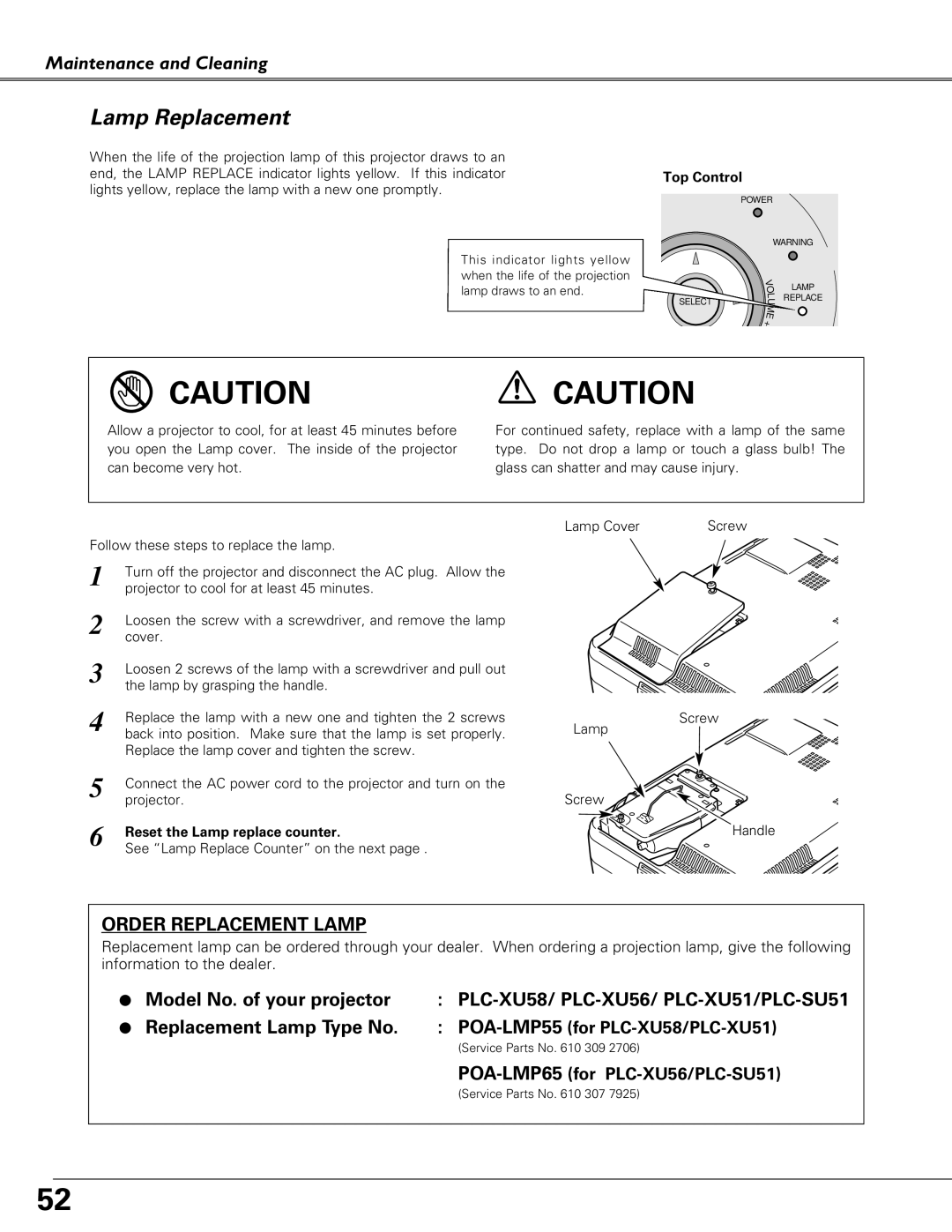 Sanyo PLC-XU51, PLC-XU58, PLC-SU51 owner manual Lamp Replacement, Reset the Lamp replace counter 