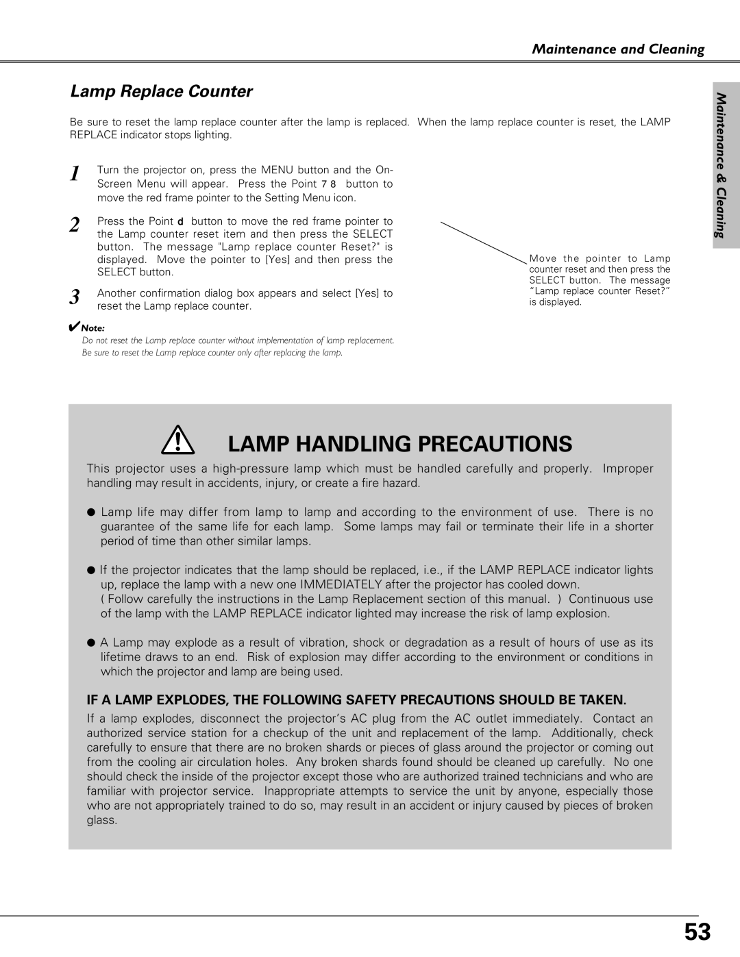 Sanyo PLC-SU51, PLC-XU58, PLC-XU51 owner manual Lamp Replace Counter, When the lamp replace counter is reset, the Lamp 