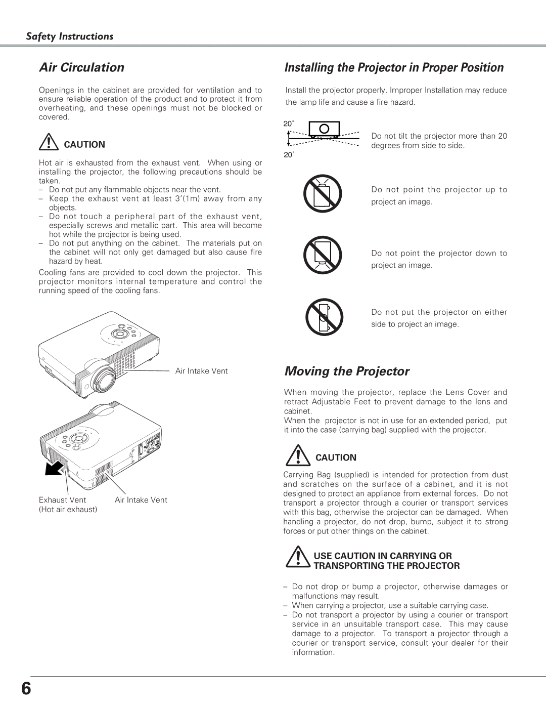 Sanyo PLC-XU58, PLC-XU51, PLC-SU51 Air Circulation, Installing the Projector in Proper Position, Moving the Projector 