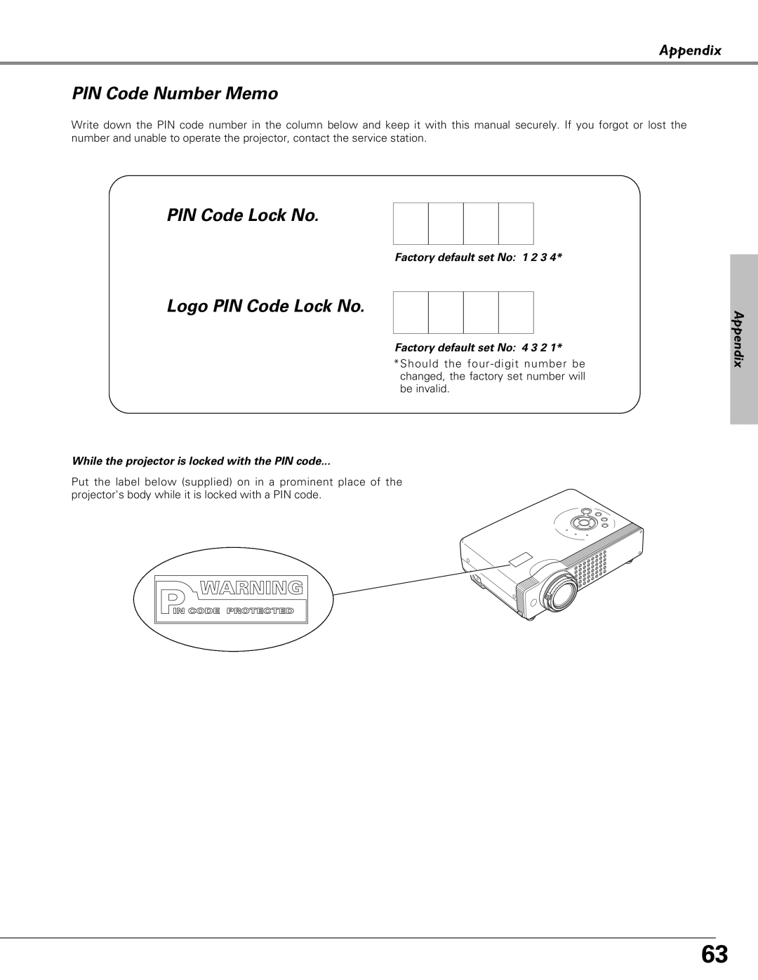 Sanyo PLC-XU58, PLC-XU51, PLC-SU51 owner manual PIN Code Number Memo, Logo PIN Code Lock No 