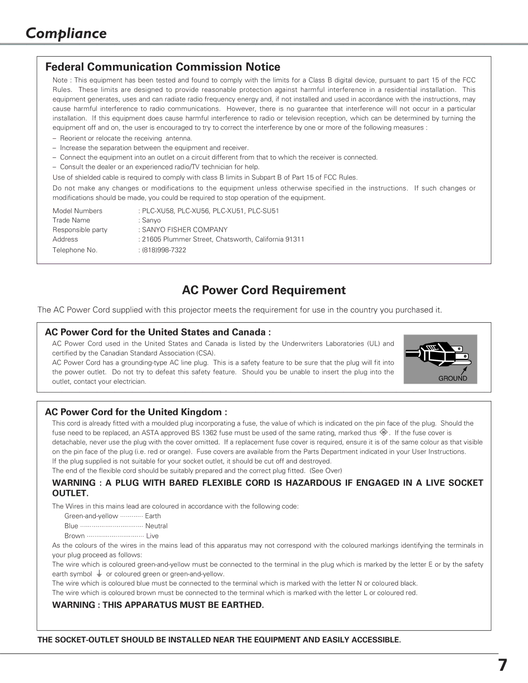 Sanyo PLC-XU51, PLC-XU58, PLC-SU51 owner manual Compliance, Federal Communication Commission Notice 