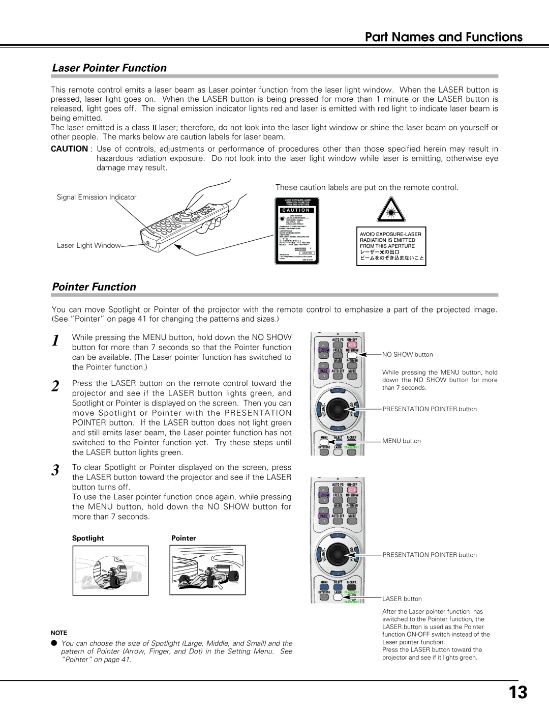 Sanyo PLC-SU60, PLC-XU60 owner manual Laser Pointer Function 