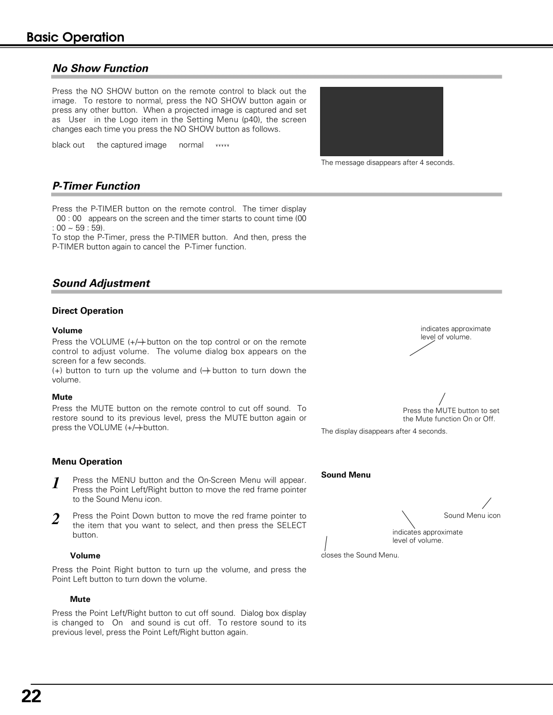 Sanyo PLC-XU60, PLC-SU60 owner manual No Show Function, Timer Function, Sound Adjustment, Direct Operation, Menu Operation 