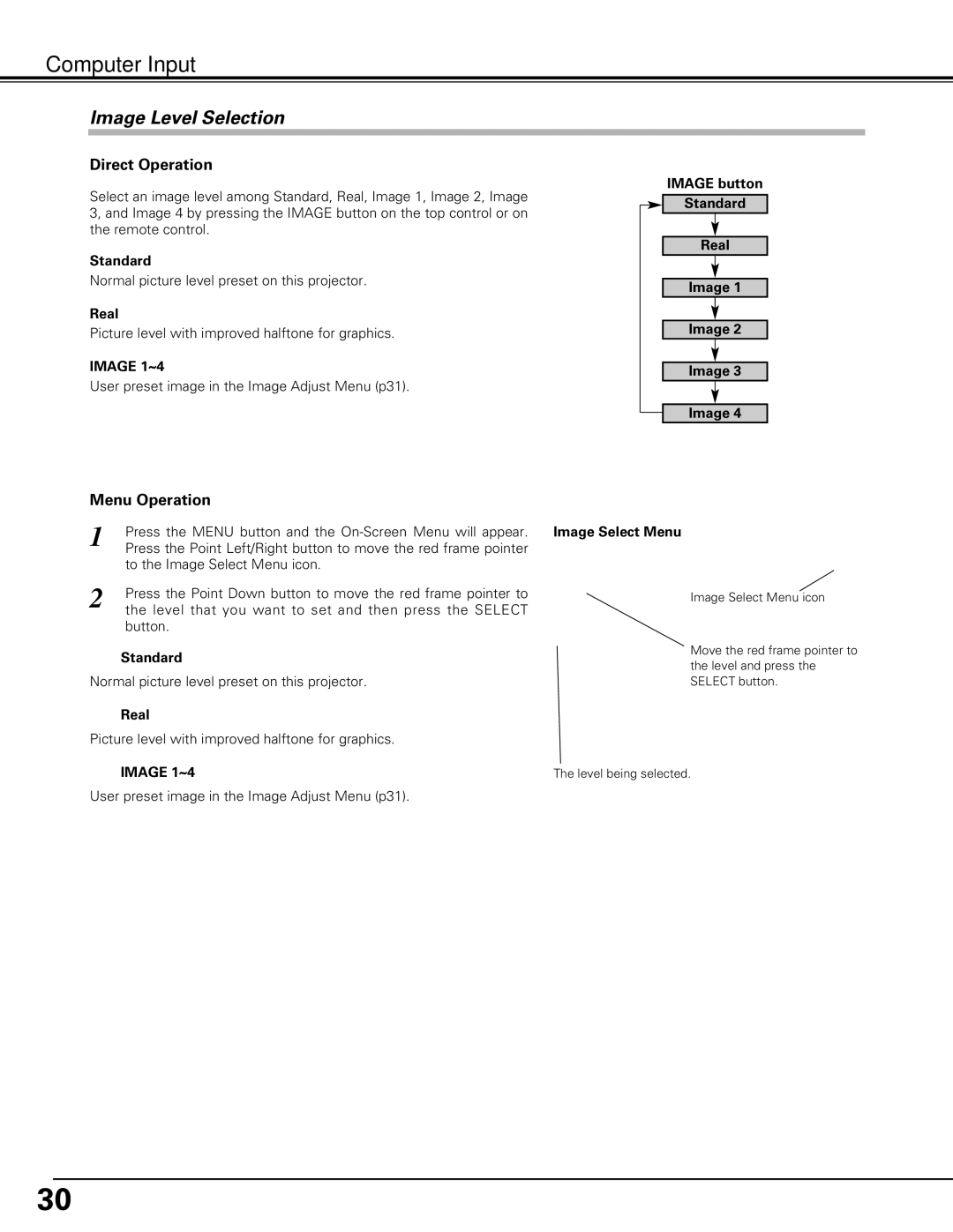 Sanyo PLC-XU60, PLC-SU60 owner manual Image Level Selection, Image button Standard Real, Image Select Menu 