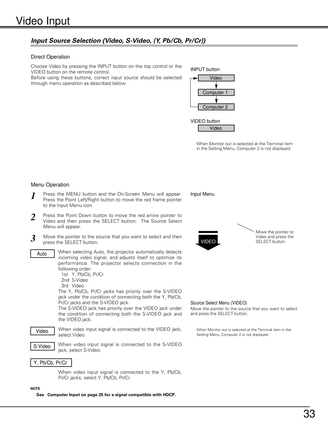 Sanyo PLC-SU60, PLC-XU60 owner manual Video Input, Input Source Selection Video, S-Video, Y, Pb/Cb, Pr/Cr 