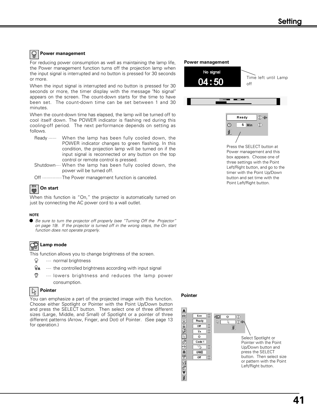 Sanyo PLC-SU60, PLC-XU60 owner manual Power management, On start, Lamp mode, Pointer 