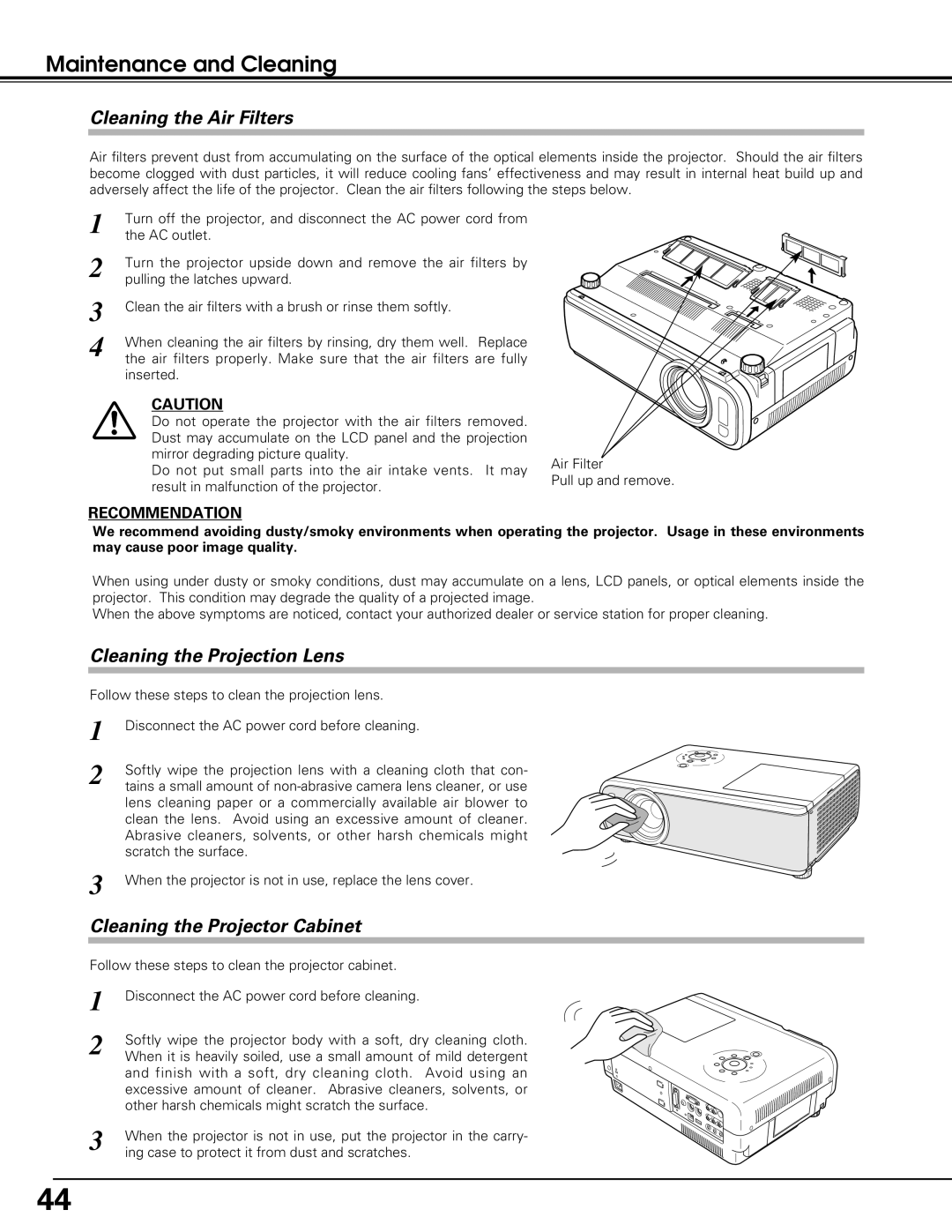 Sanyo PLC-XU60, PLC-SU60 owner manual Maintenance and Cleaning, Cleaning the Air Filters, Cleaning the Projection Lens 