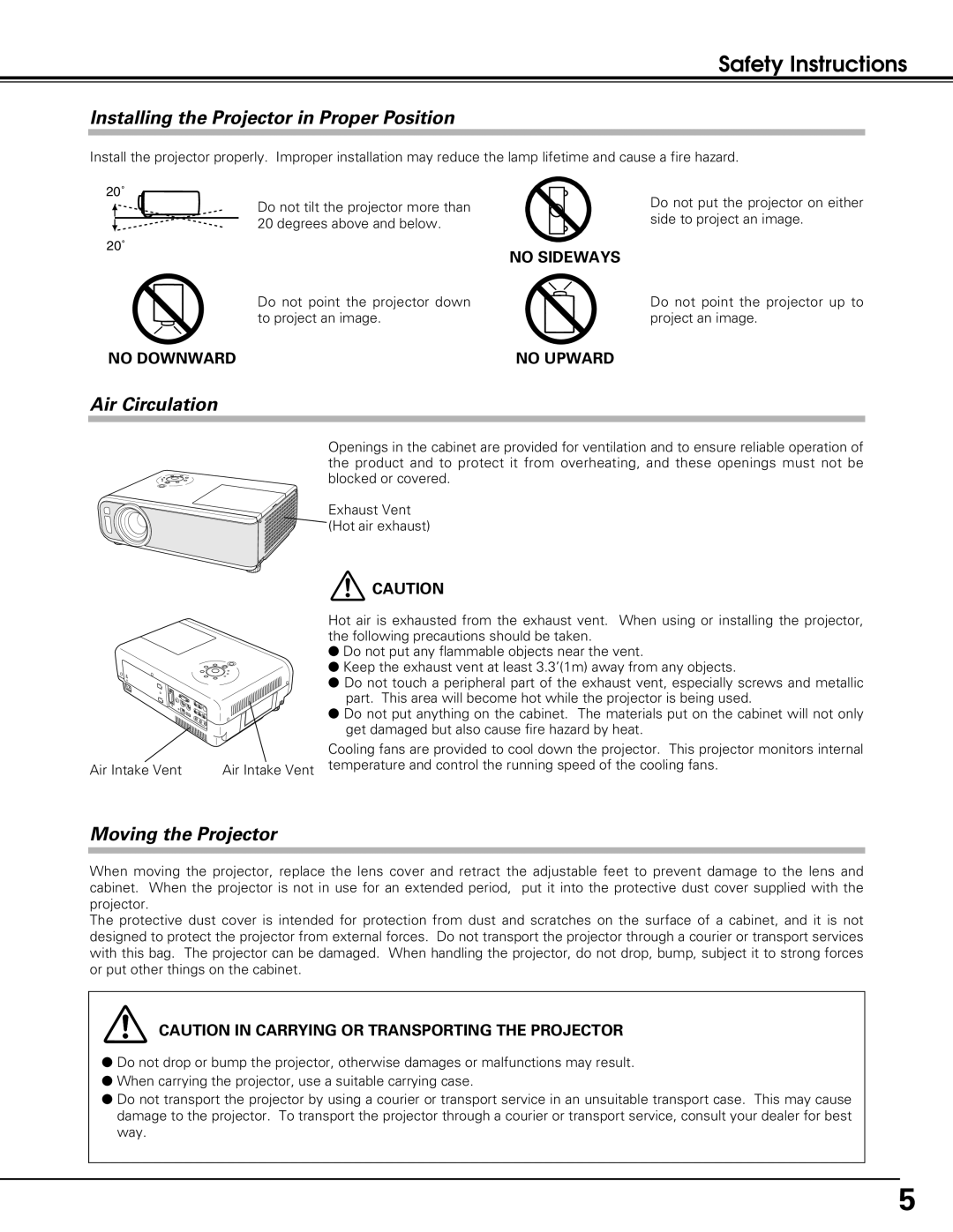 Sanyo PLC-SU60 Safety Instructions, Installing the Projector in Proper Position, Air Circulation, Moving the Projector 