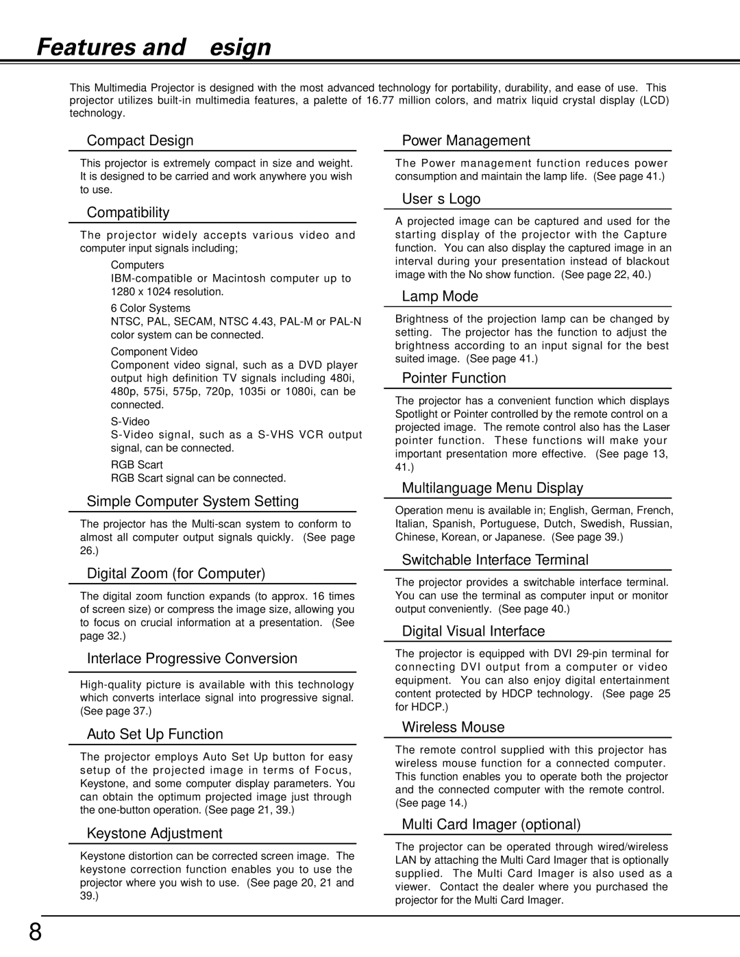 Sanyo PLC-XU60, PLC-SU60 owner manual Features and Design 