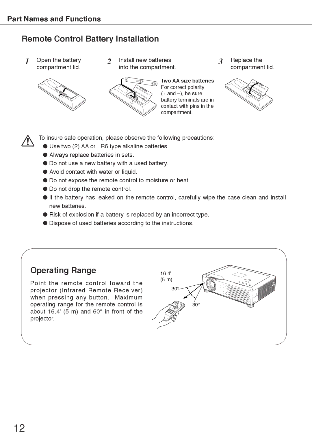 Sanyo PLC-XU74 owner manual Remote Control Battery Installation, Operating Range 