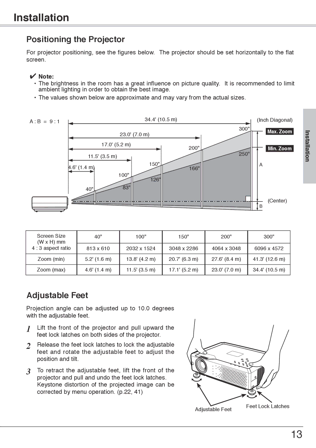 Sanyo PLC-XU74 owner manual Installation, Positioning the Projector, Adjustable Feet 