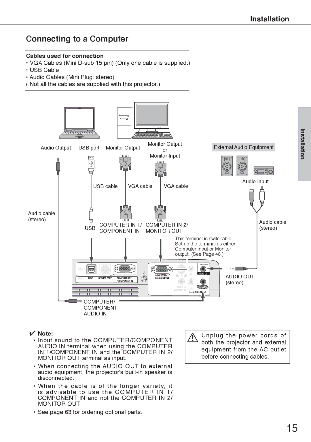 Sanyo PLC-XU74 owner manual Connecting to a Computer, Cables used for connection, Installation 