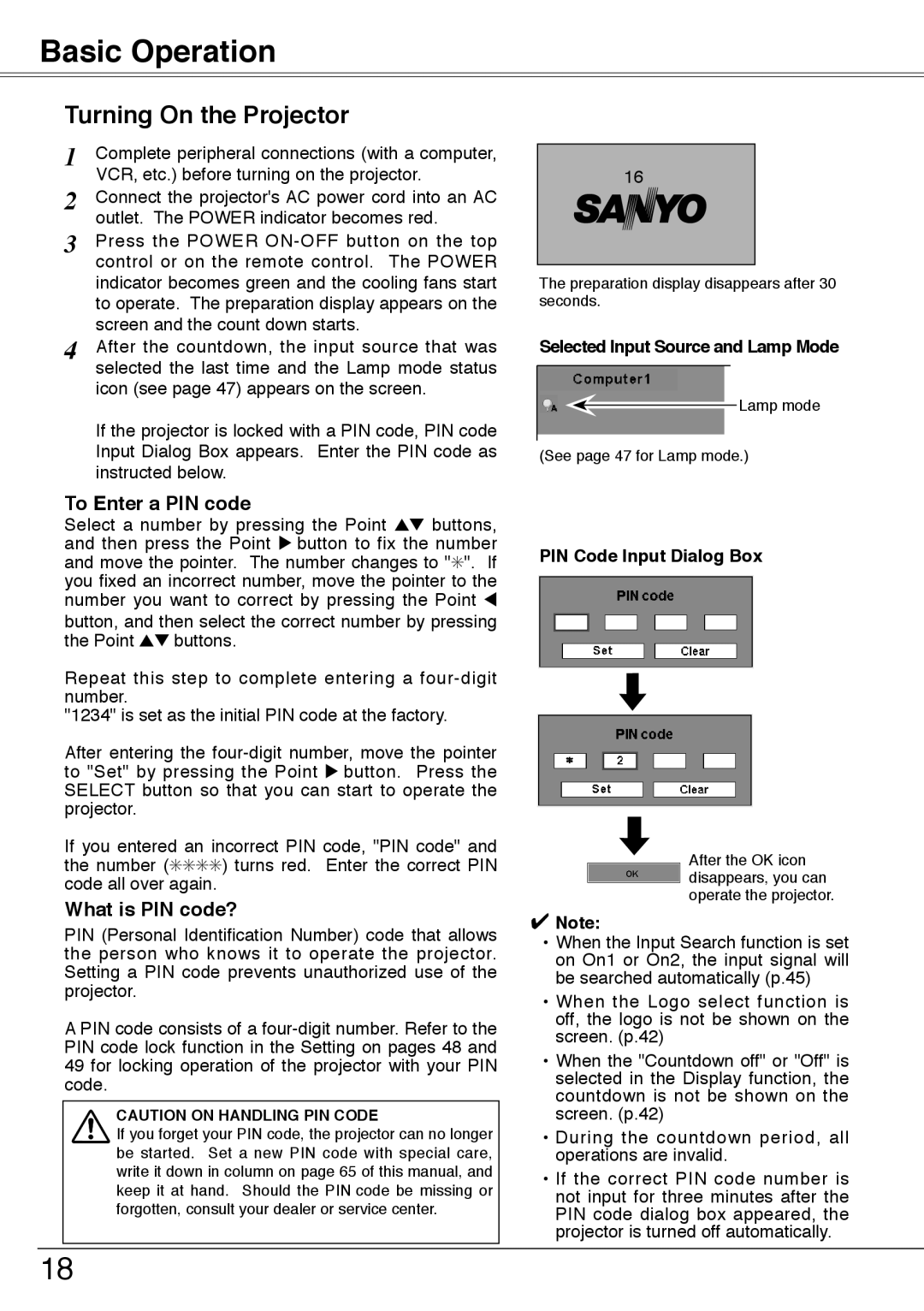 Sanyo PLC-XU74 Basic Operation, Turning On the Projector, Selected Input Source and Lamp Mode, PIN Code Input Dialog Box 