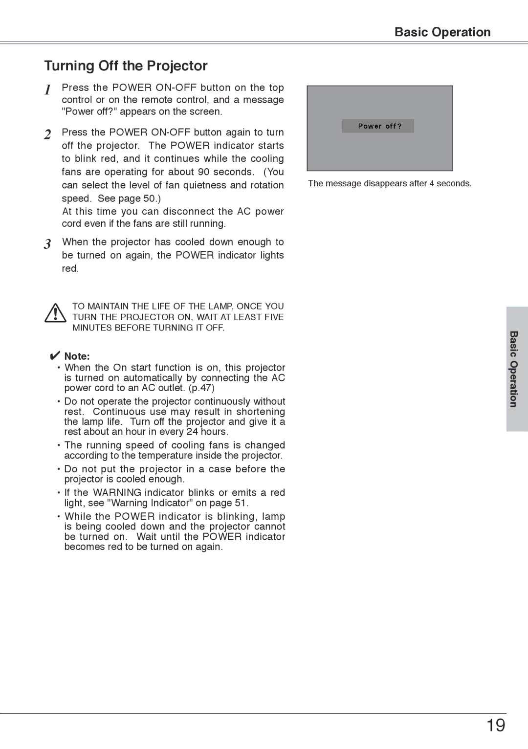 Sanyo PLC-XU74 owner manual Turning Off the Projector, Basic Operation 