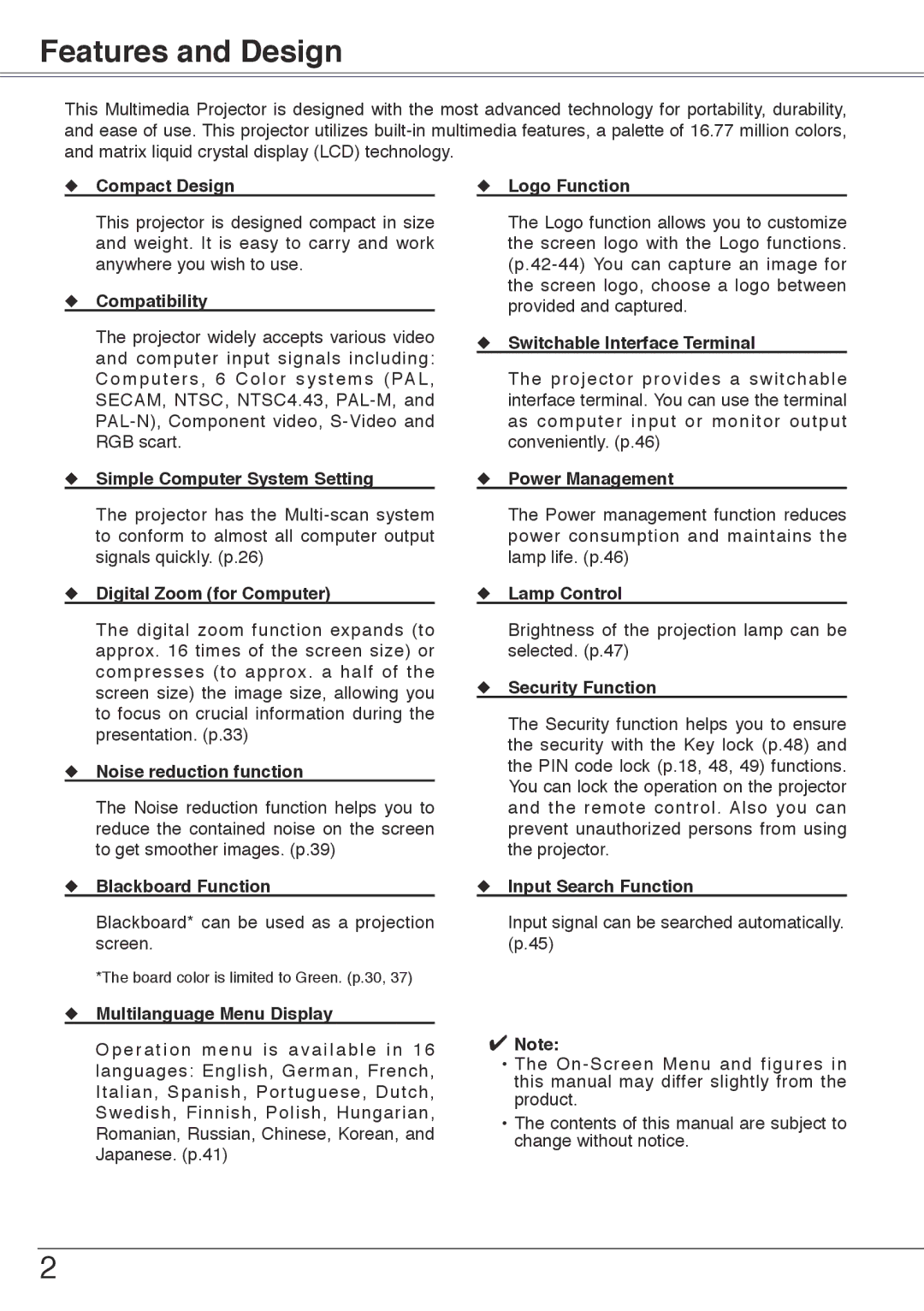 Sanyo PLC-XU74 owner manual Features and Design 