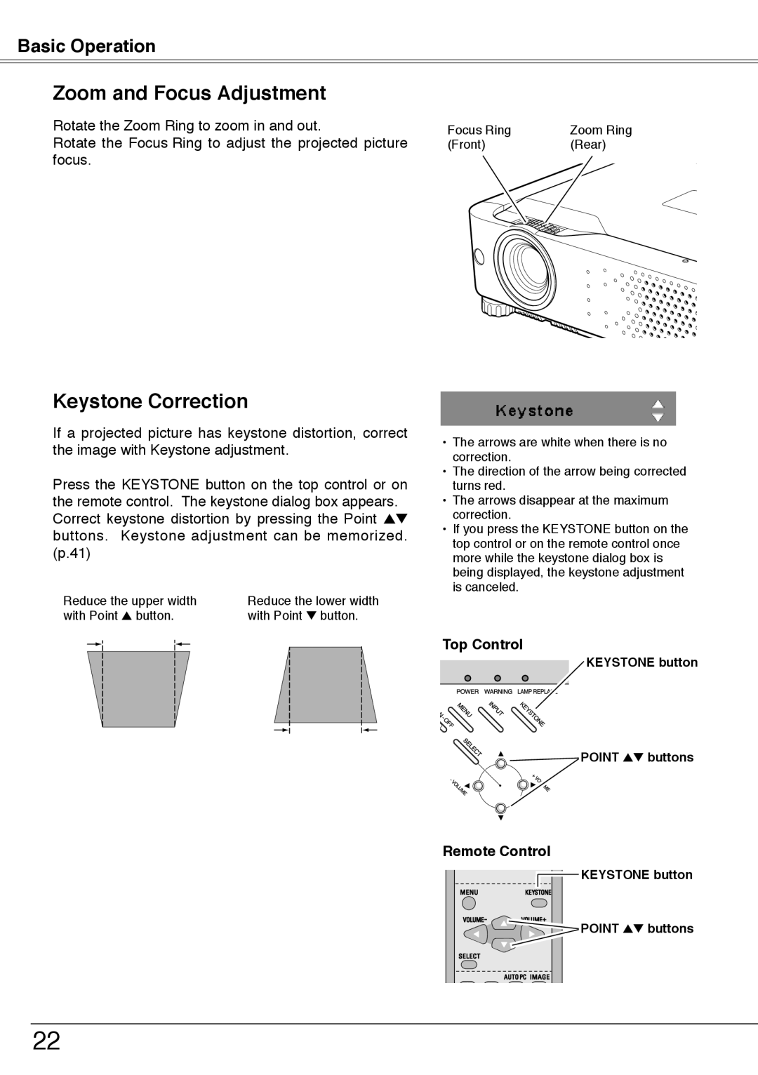 Sanyo PLC-XU74 owner manual Zoom and Focus Adjustment, Keystone Correction 