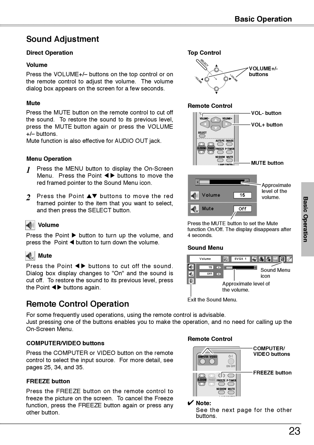 Sanyo PLC-XU74 owner manual Sound Adjustment, Remote Control Operation 