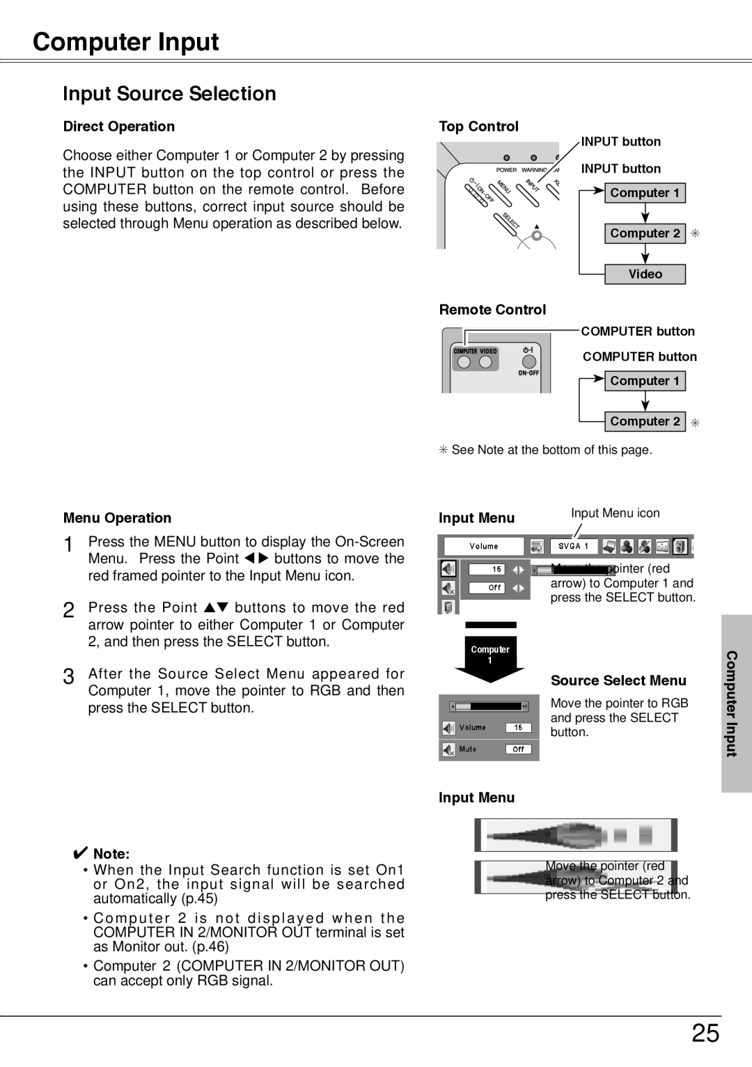 Sanyo PLC-XU74 owner manual Computer Input, Input Source Selection, Direct Operation, Source Select Menu 