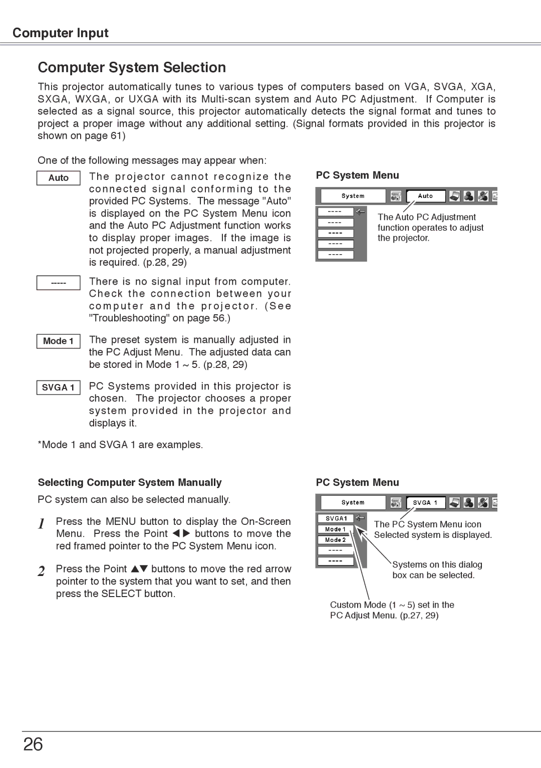 Sanyo PLC-XU74 owner manual Computer System Selection, PC System Menu 