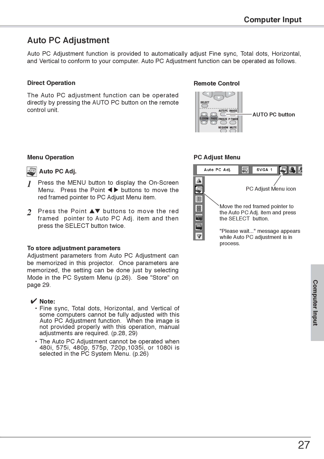 Sanyo PLC-XU74 owner manual Auto PC Adjustment, Menu Operation Auto PC Adj, To store adjustment parameters 