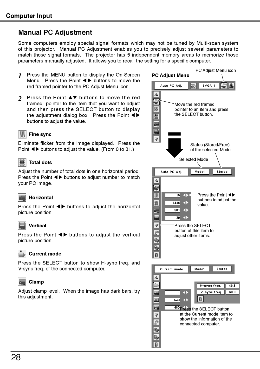 Sanyo PLC-XU74 owner manual Manual PC Adjustment 