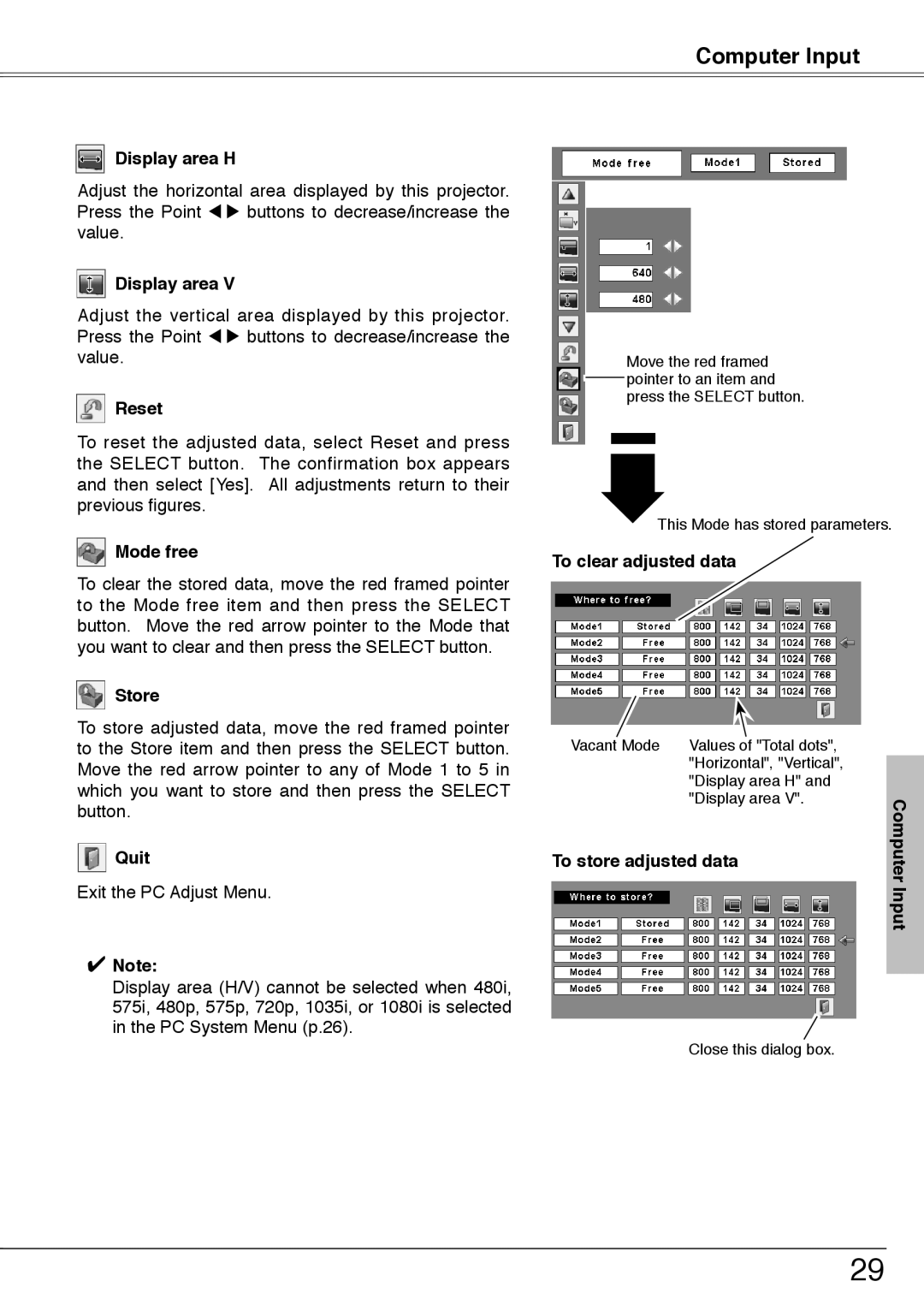 Sanyo PLC-XU74 owner manual Display area H, Reset, Mode free, Store, Quit, To clear adjusted data, To store adjusted data 