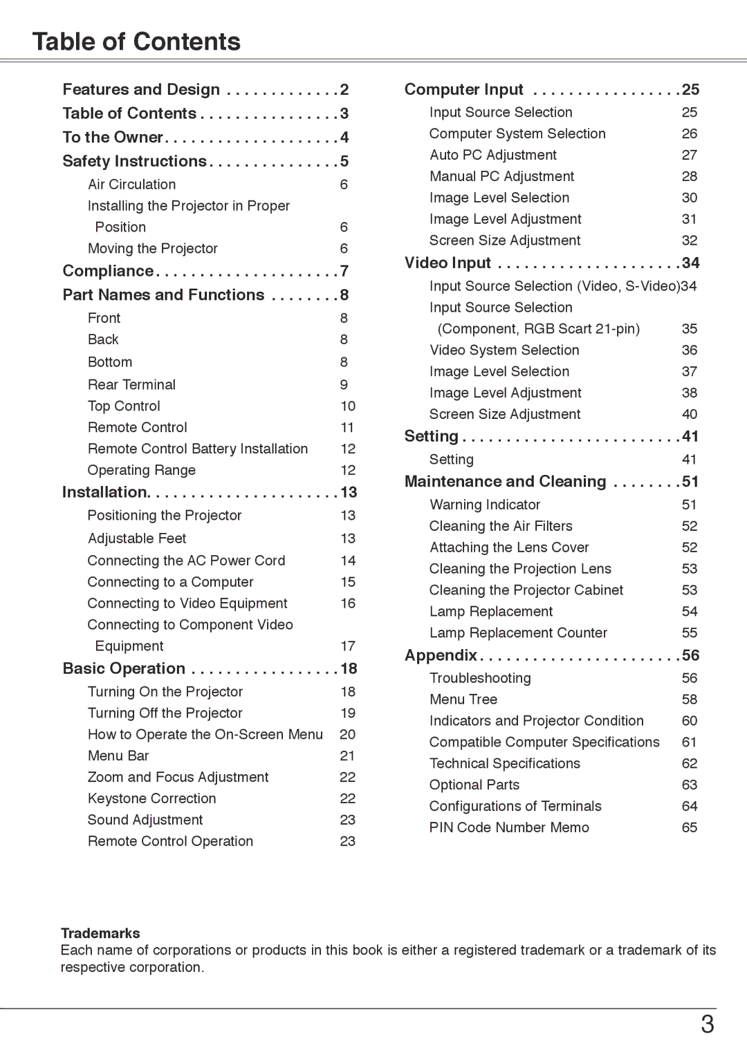 Sanyo PLC-XU74 owner manual Table of Contents 